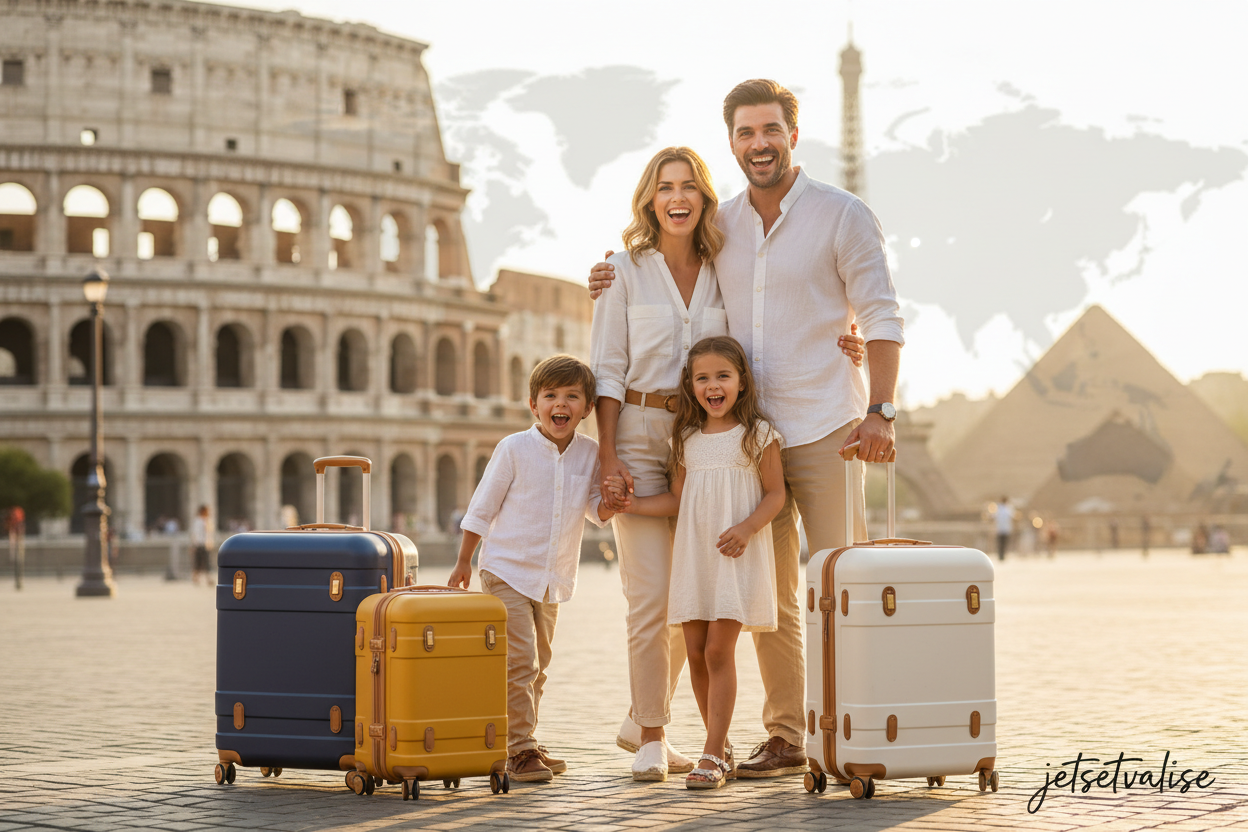 a happy family with a set of 3 luggage traveling the world with a jetsetvalise watermark