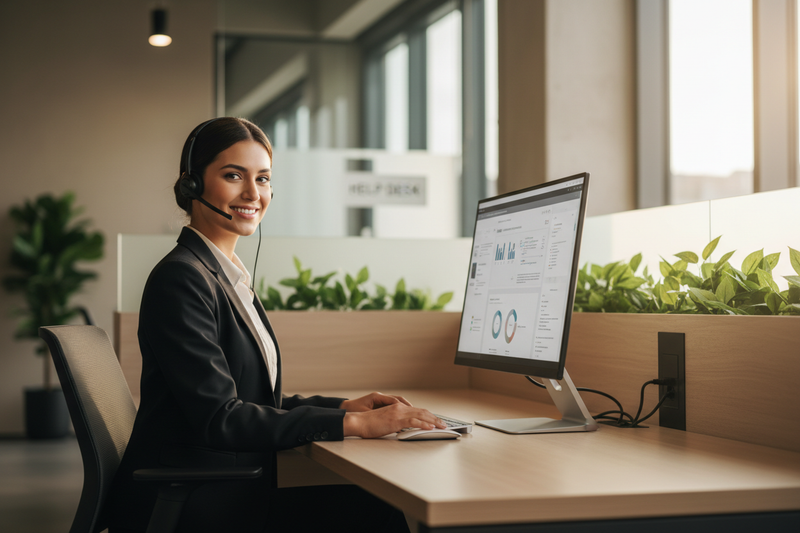 Conseiller service client souriant avec casque ou ordinateur
Environnement moderne et professionnel
Lumière douce, ambiance rassurante